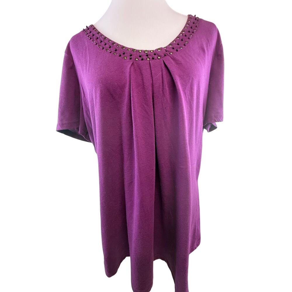 SKU3214 Basic Editions XL Purple Embellished Neckline Short Sleeve Top